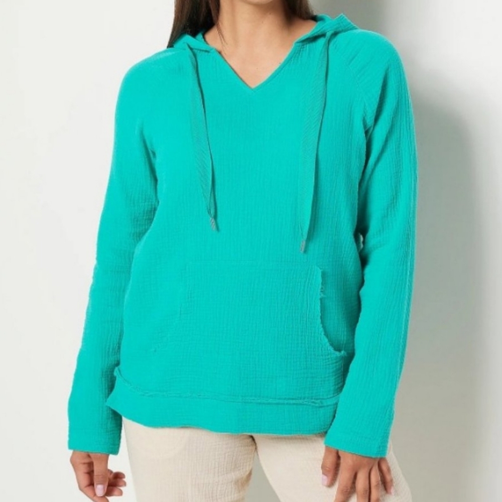 Belle by Kim Gravel Aqua Teal Hooded gauze top